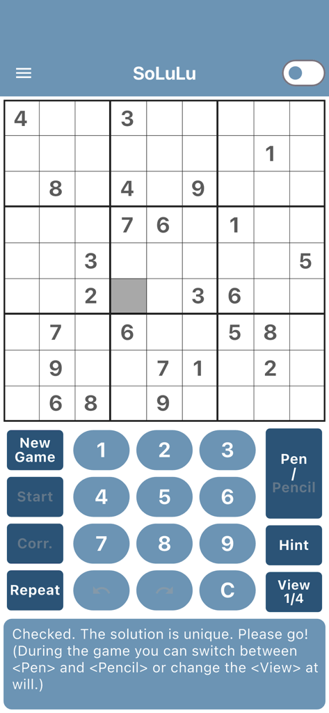 SoLuLu - SoLuLu app interface showing a Sudoku puzzle and a message confirming a unique solution.