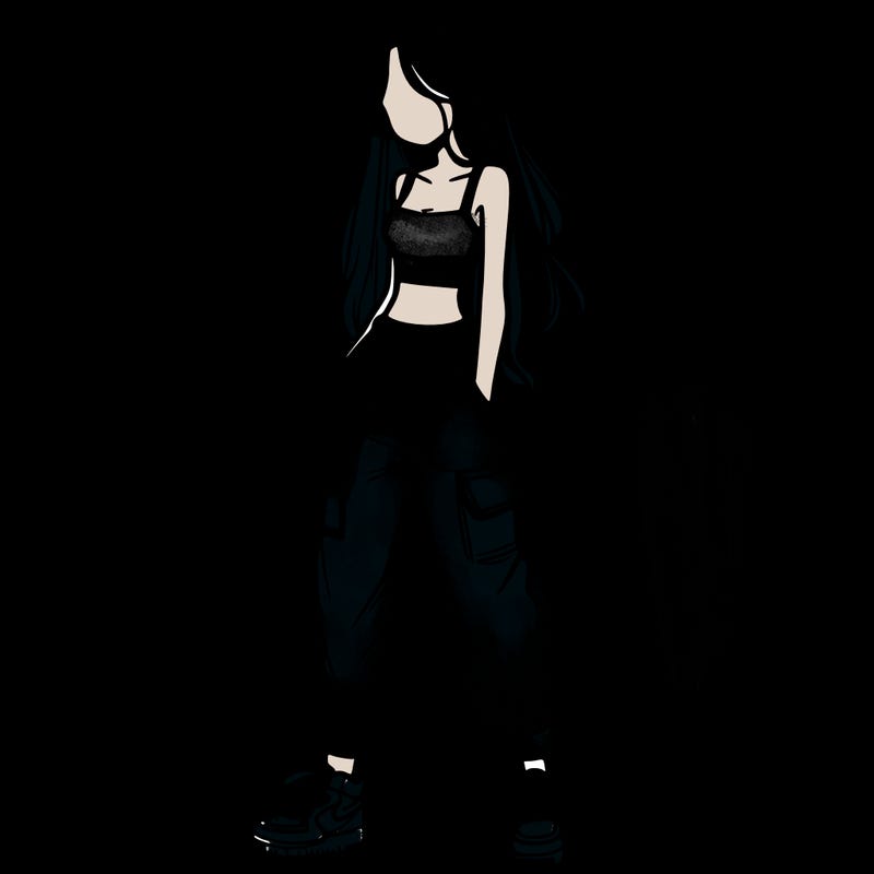 girl in baggy pants crop top and long hair