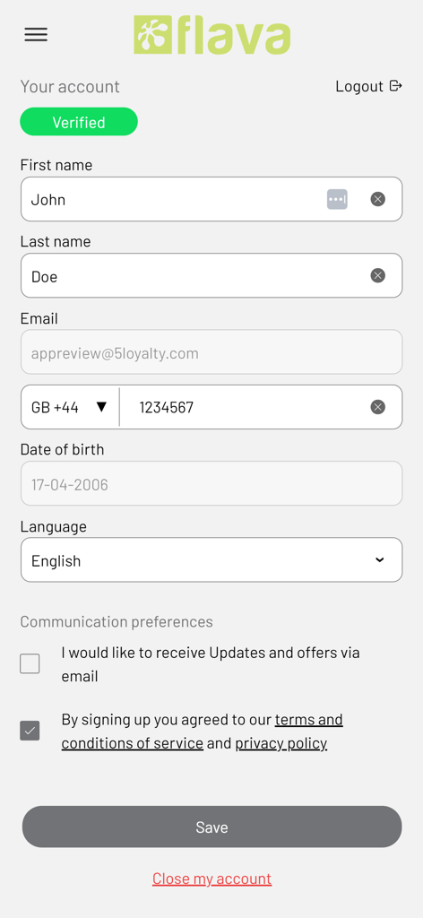 User account settings page in the Cafe Flava app showing fields for name, email, phone number, and communication preferences.
