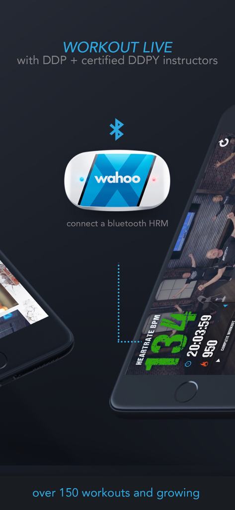 DDP Yoga app interface showing live workout with Bluetooth heart rate monitor integration and real-time BPM tracking