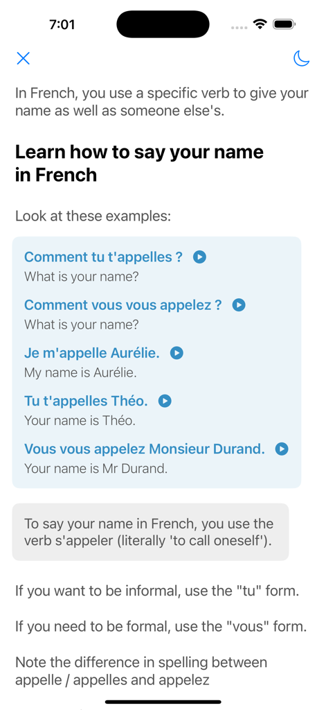 Une interface de leçon de langue française montrant des exemples de conversation sur la façon de dire son nom et de demander le nom de quelqu'un d'autre, de manière formelle et informelle.