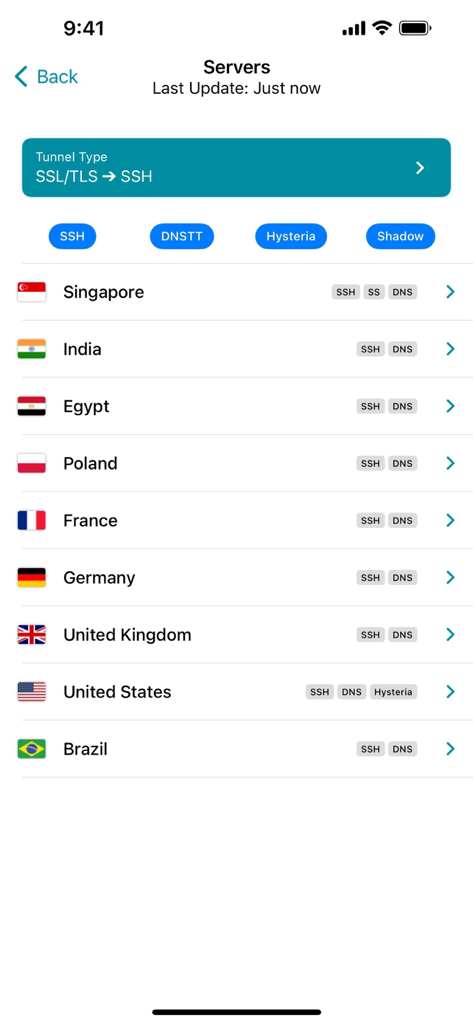 HTTP Injector - HTTP Injector app interface showing a list of global servers with available protocols like SSH, DNS, and Hysteria