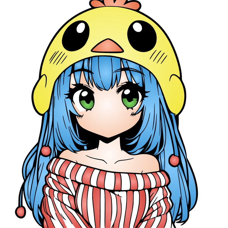 anime girl with chick shaped hat with sweater with bare shoulders with bangs covering them one eye with low tail