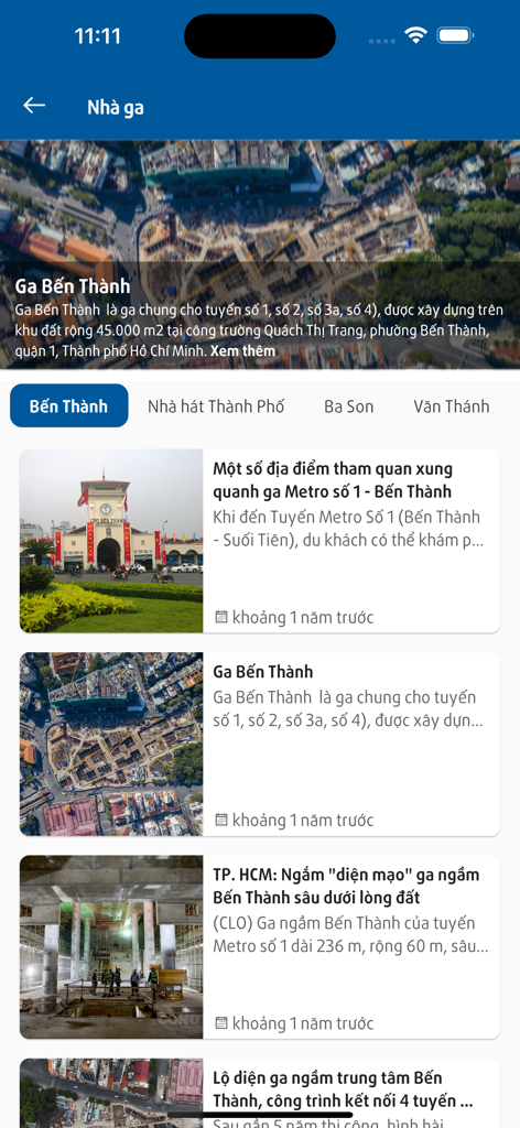 HCMC Metro HURC - ベンタイン駅に関するニュースと情報のリストを表示するHCMCメトロHURCアプリのスクリーンショット。