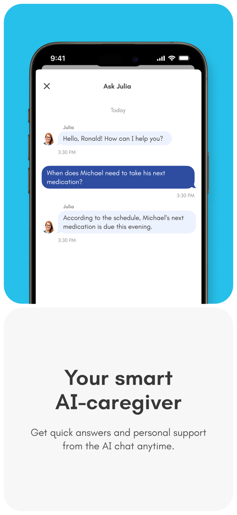 Caring Village - Caring Village app screenshot showing the Julia AI assistant answering a medication question