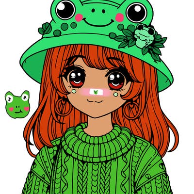 realistic girl wearing frog sweater and a frog hat with frog earrings