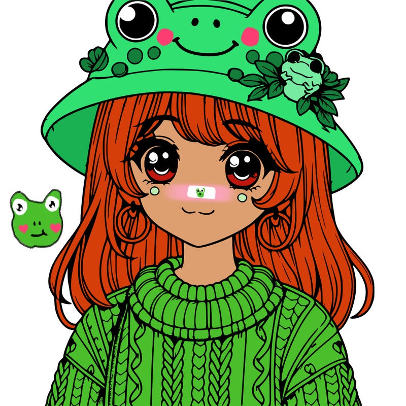 realistic girl wearing frog sweater and a frog hat with frog earrings