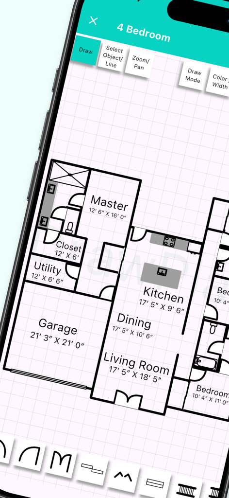 DrawPlan - 寸法とラベルが付いた詳細な4ベッドルームの家の間取り図が、DrawPlanアプリで編集されている様子。
