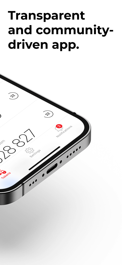 iPhoneの2FAS Authenticatorアプリのインターフェース、「透明でコミュニティ主導のアプリ」という見出し付き