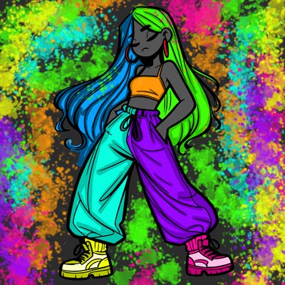 girl in baggy pants crop top and long hair