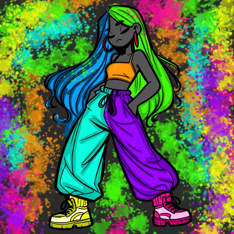 girl in baggy pants crop top and long hair