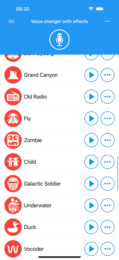 Interface of the Voice changer with effects app showing a list of audio filters including Zombie Child and Galactic Soldier