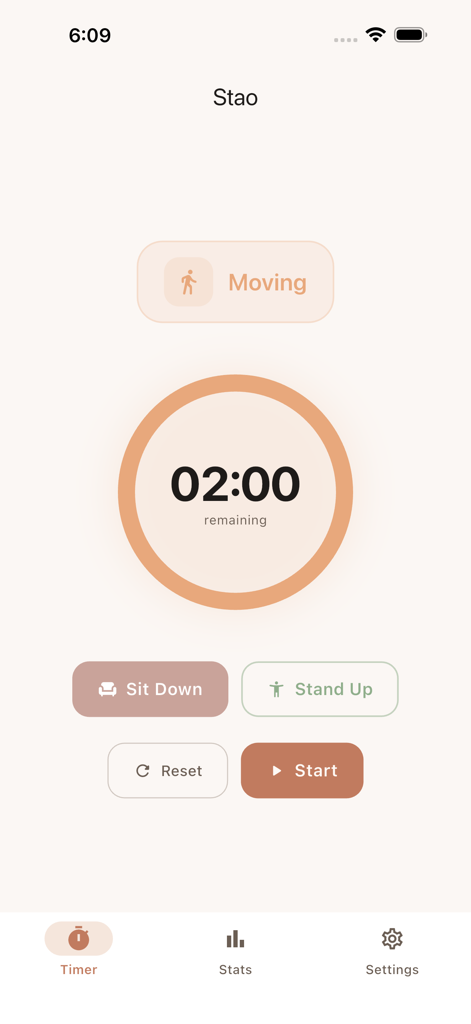 Stao: Standing Desk Reminder - The minimalist timer interface of the Stao app showing a two minute countdown for a movement break.