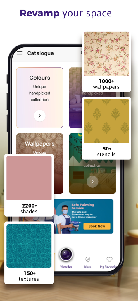 Colour with Asian Paints - Mobile app interface displaying a catalogue of wall shades, wallpapers, stencils, and textures for home design.