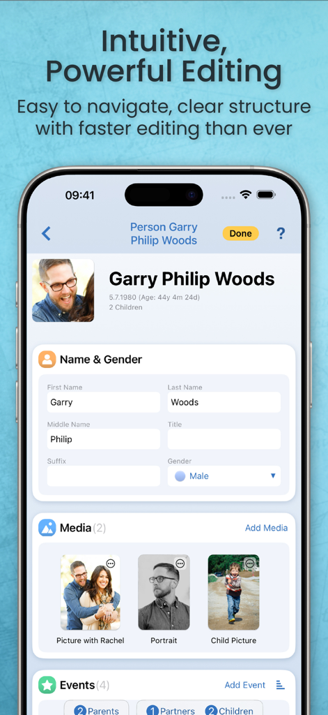 MobileFamilyTree 11 - MobileFamilyTree 11 person profile editing interface showing name fields and a media gallery on an iPhone.