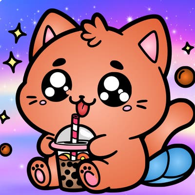 kawaii cute cat drinking boba