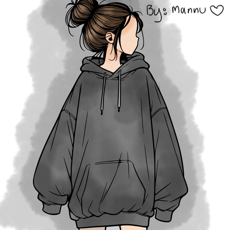 realistic girl with a oversized sweatshirt on and a bun