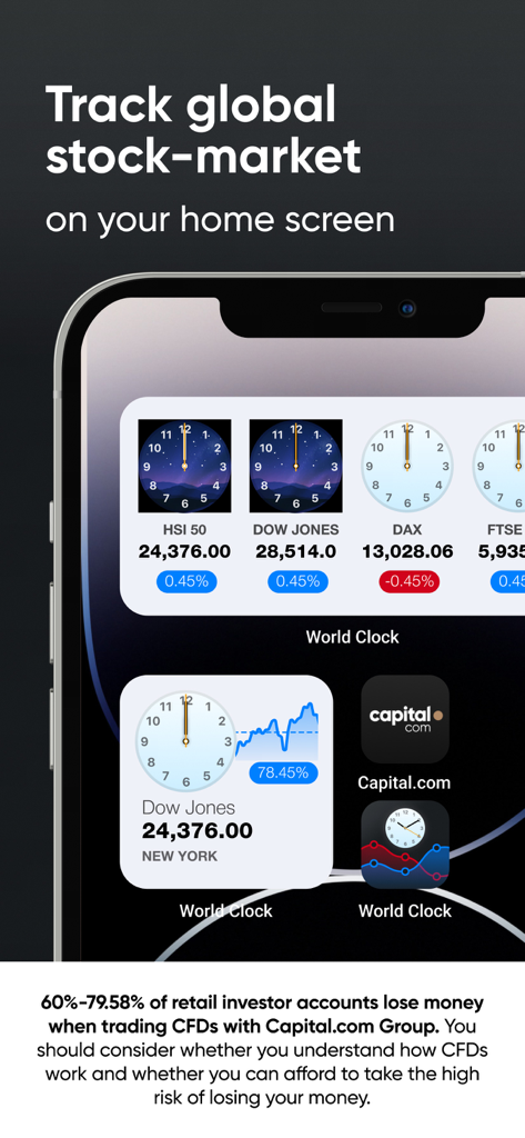 Pantalla de inicio del iPhone con widgets de mercado de valores global y reloj mundial de la aplicación Capital.com