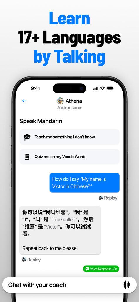 Victor AI - Language Learning - Victor AI app interface showing a Mandarin language conversation with an AI coach named Athena
