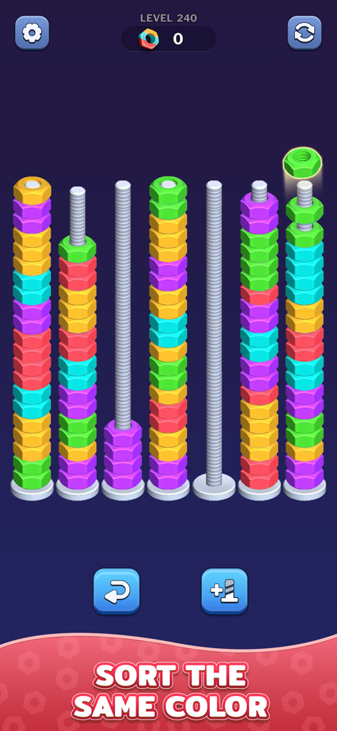 Mobile game screen showing colorful nuts being sorted onto vertical bolts in a brain teaser level.