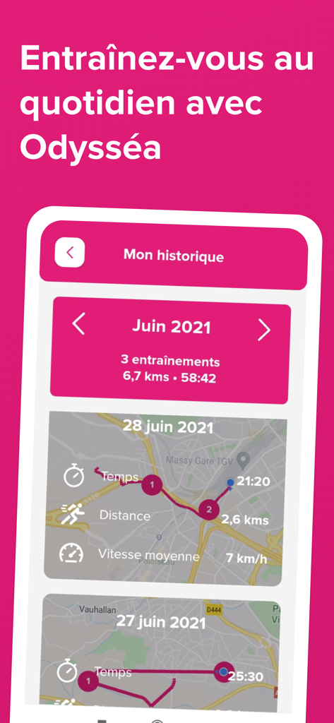 Odysséa - A screenshot of the Odyssea app showing a user workout history with activity stats and maps