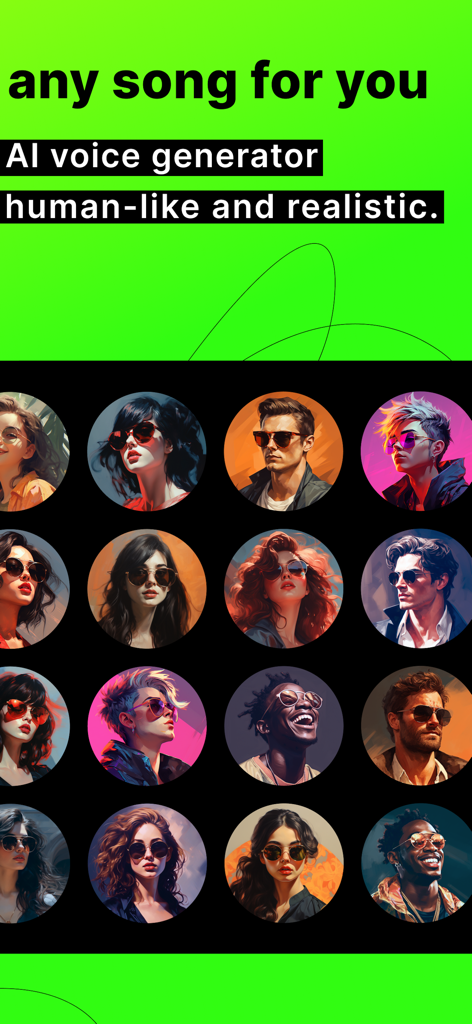 YourArtist.AI - AICover & Chat - A grid of diverse AI-generated artist avatars with the tagline human-like and realistic AI voice generator