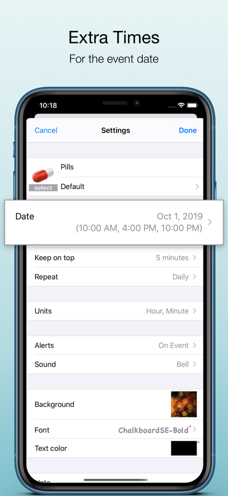 Reminder & Countdown Pro - Settings screen of Reminder Pro showing extra daily alert times for a pill reminder.