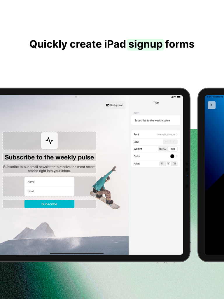 MailerLite Subscribe - Interfaccia dell'app MailerLite Subscribe su un iPad che mostra le opzioni di personalizzazione per un modulo di iscrizione alla newsletter.