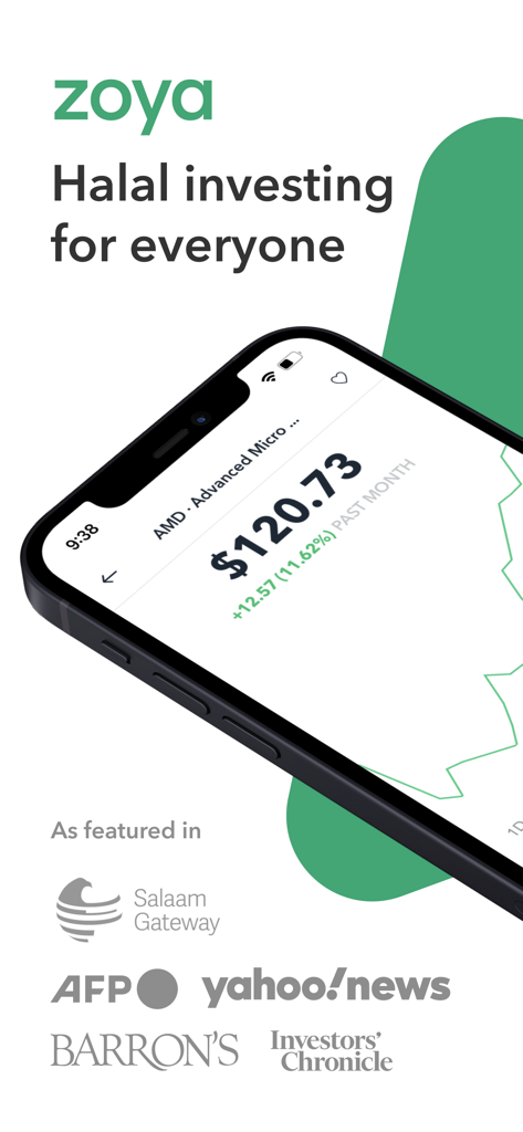Zoya: Halal Investing App - Interfaz de la aplicación móvil Zoya mostrando un gráfico de acciones y funciones multimedia para inversiones halal