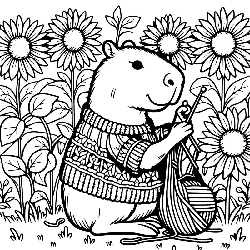 capybara crocheting a sweater in a sunflower field