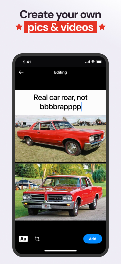 ABPV app screen showing the creation of a meme with classic red American cars