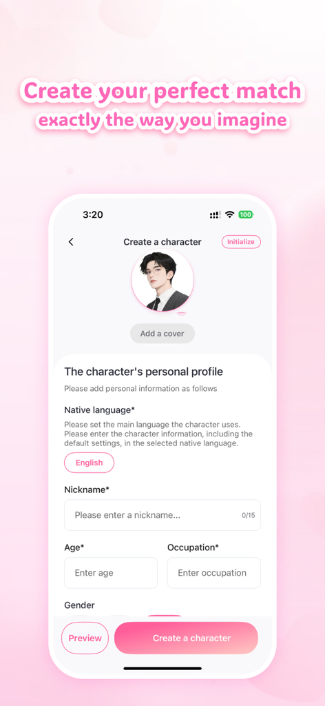 Interface of the Smitten app for creating a custom AI character with anime style profile and personal details