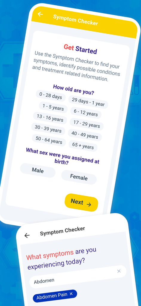 PillBox - Pill Identifier App - User interface of the PillBox app symptom checker feature asking for demographic and symptom details.