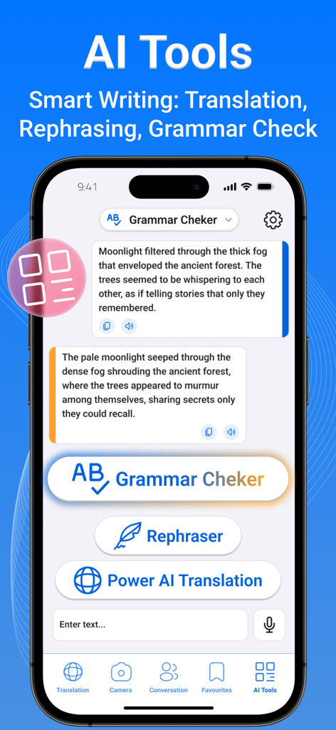 Interfaz de la aplicación Traductor IA mostrando herramientas de escritura inteligente, incluyendo corrección gramatical, reformulación y traducción potente