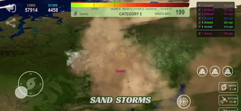 Hurricane.io mobile game screenshot showing a Category 5 sand storm with wind speeds of 199 mph