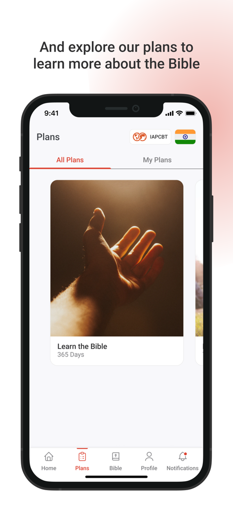 Screenshot of the Plans tab in the Deaf Bible app showing a 365 day bible study plan titled Learn the Bible