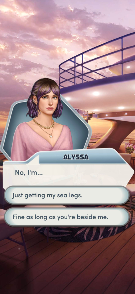 Choices: Stories You Play - Uma personagem chamada Alyssa no convés de um iate ao pôr do sol no jogo de história interativa Choices com duas opções de diálogo exibidas