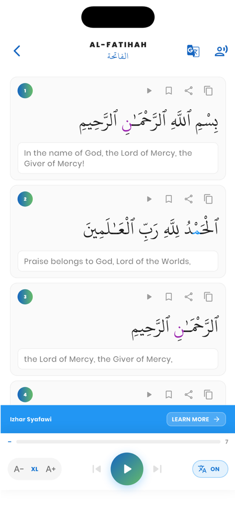 JomTajwid - JomTajwid mobile app interface displaying Surah Al Fatihah with color coded Tajwid rules and English translation