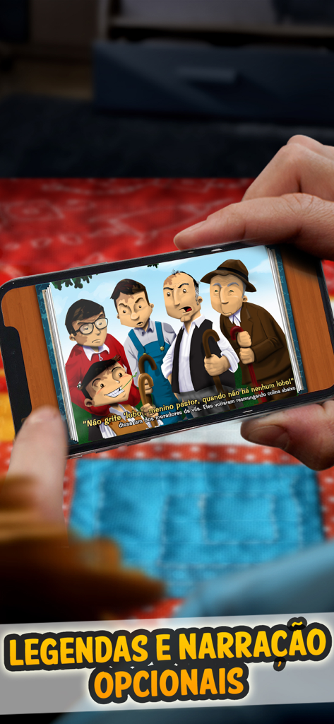 Smartphone mostrando uma história infantil em português com legendas e narração opcionais