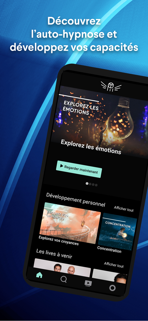 Pantalla de inicio de la aplicación Psychonaute mostrando categorías de auto-hipnosis y desarrollo personal