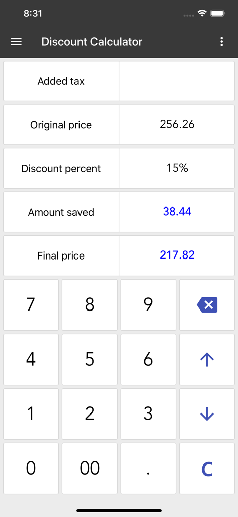 Interface of the ClevCalc discount calculator showing original price, discount percentage, and final price.