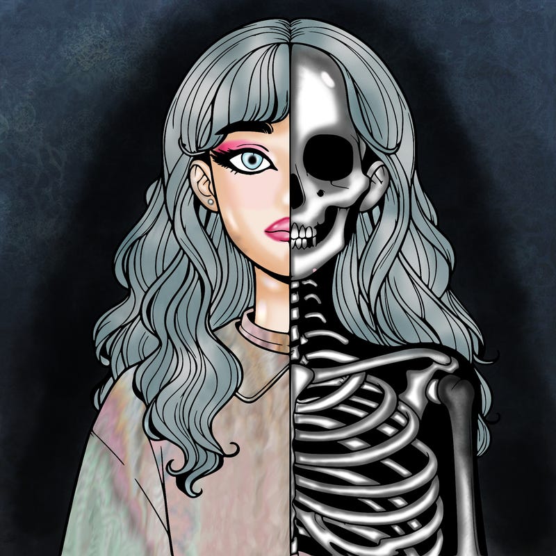 realistic girl half body half skeleton