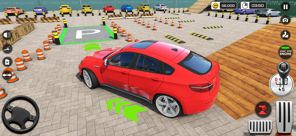 City Car Parking- Car Games - Un SUV rojo maniobrando para entrar en una plaza de aparcamiento designada en el juego simulador City Car Parking, mostrando controles de conducción realistas