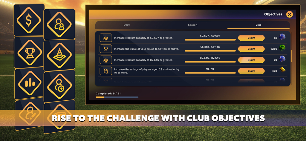 Soccer Manager 2026 - Football - A screen in Soccer Manager 2026 showing various club objectives like increasing stadium capacity and squad value