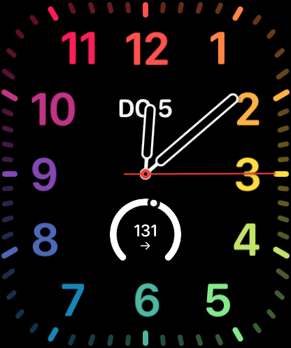GlucoseWatch - Esfera de Apple Watch que muestra un nivel de glucosa de 131 como complicación circular en la parte inferior.