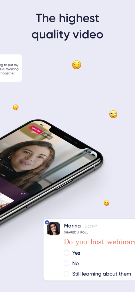 Webby App - iPhone displaying a high quality live webinar video with an interactive poll overlay