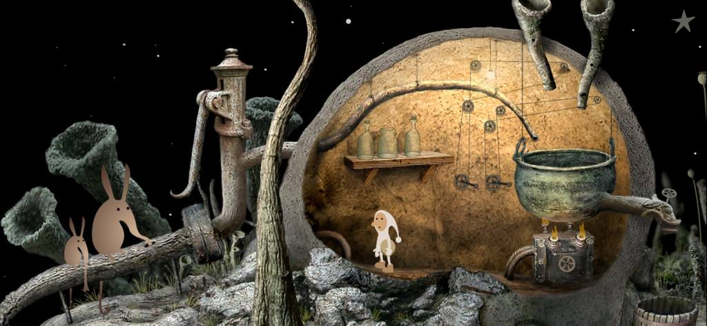 Samorost 2 - Personaggio gnomo spaziale in una caverna surreale con un pentola in Samorost 2