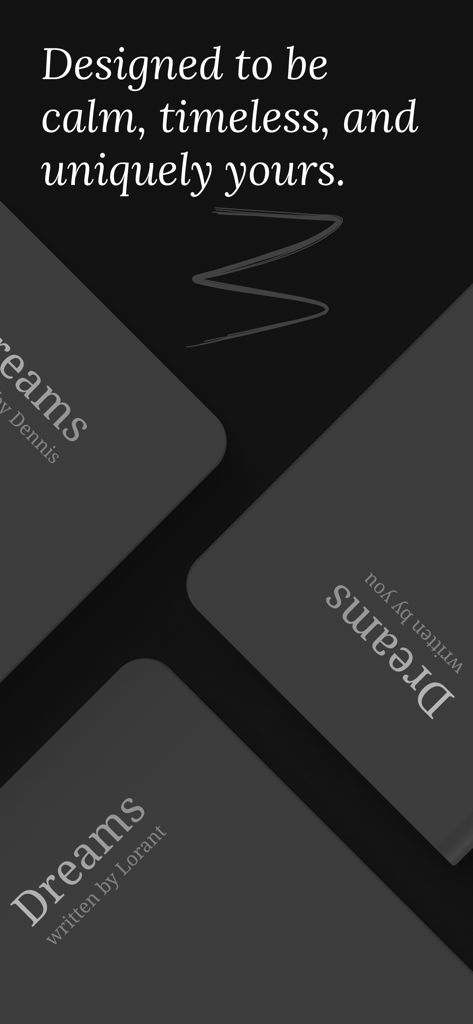 Yume dream journal minimalist dark mode interface with the text Designed to be calm timeless and uniquely yours