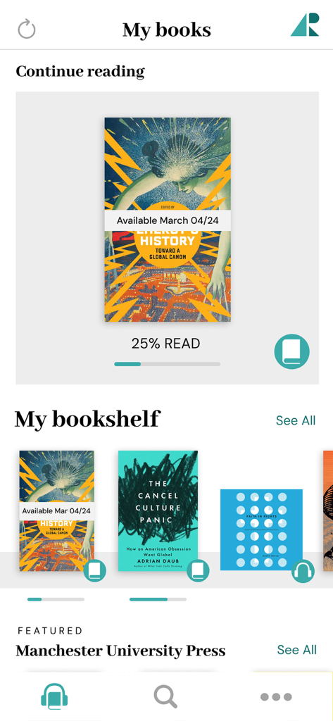 A view of the My books screen in the Academic Reader app showing academic publications and a reading progress bar
