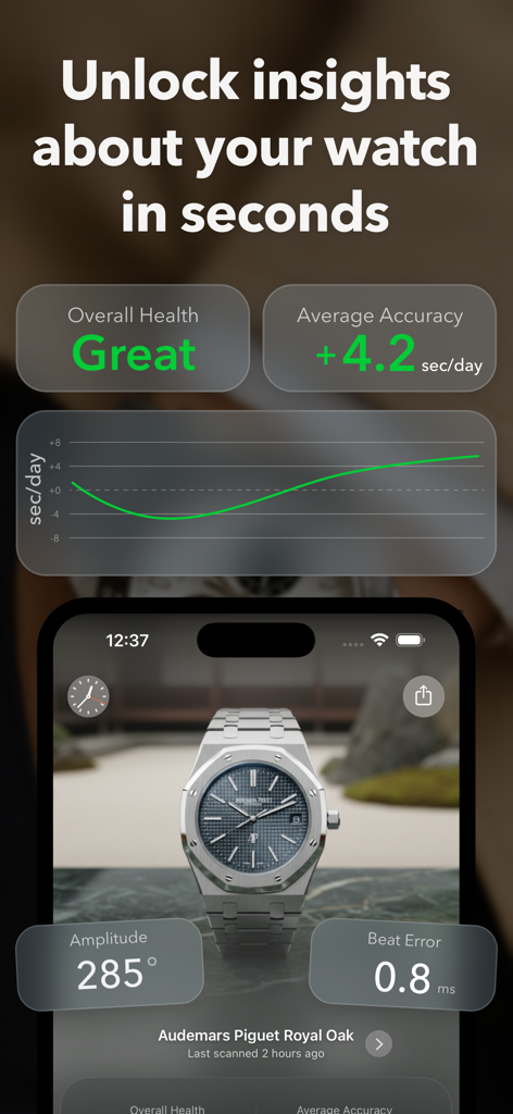 tickIQ: Measure, Track Watches - tickIQ 앱 인터페이스에 럭셔리 시계의 정확도 및 비트 오차를 포함한 시계 건강 지표 표시